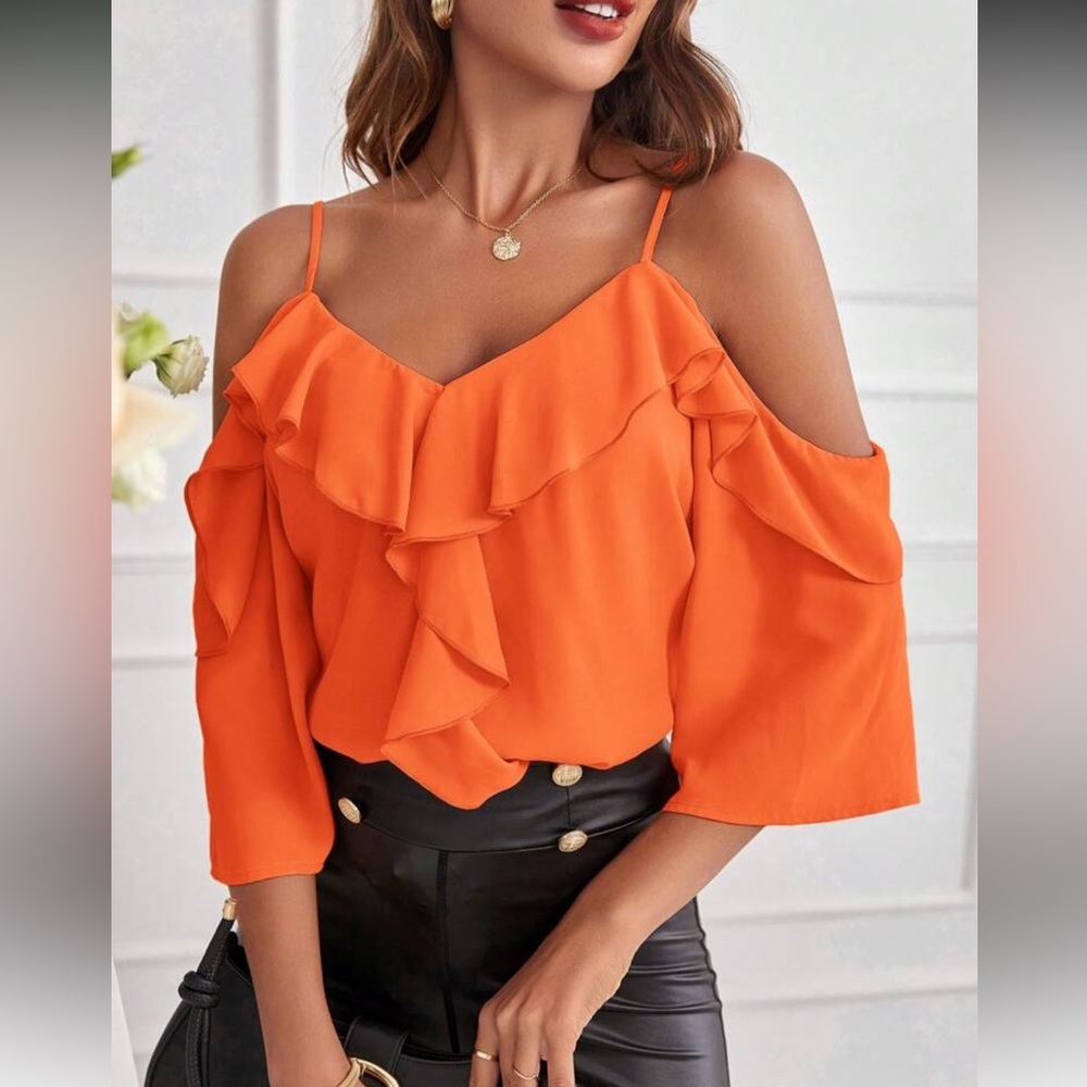 Elegant Red Ruffle Cold Shoulder Top - Picture 9 of 16